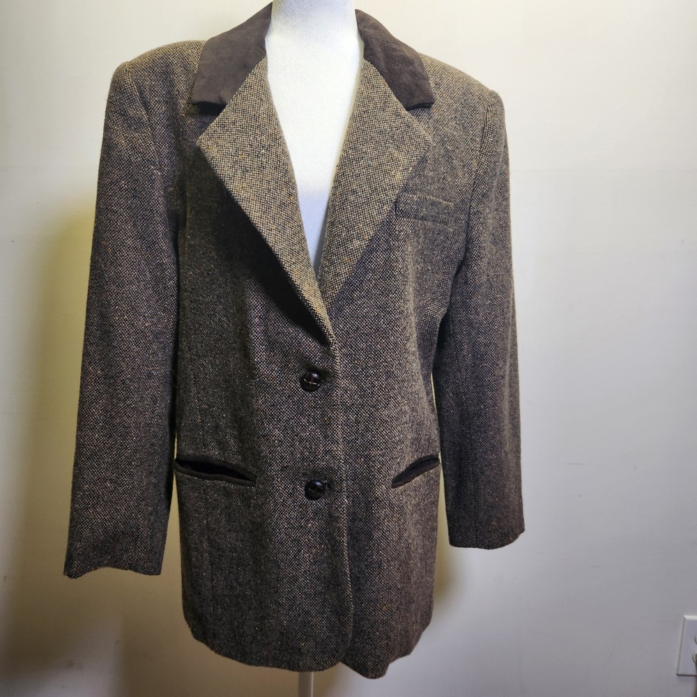 Vtg Laura Jefferies Brown Wool Blend Tweed Blazer Sport Coat Jacket Lrg Heritage